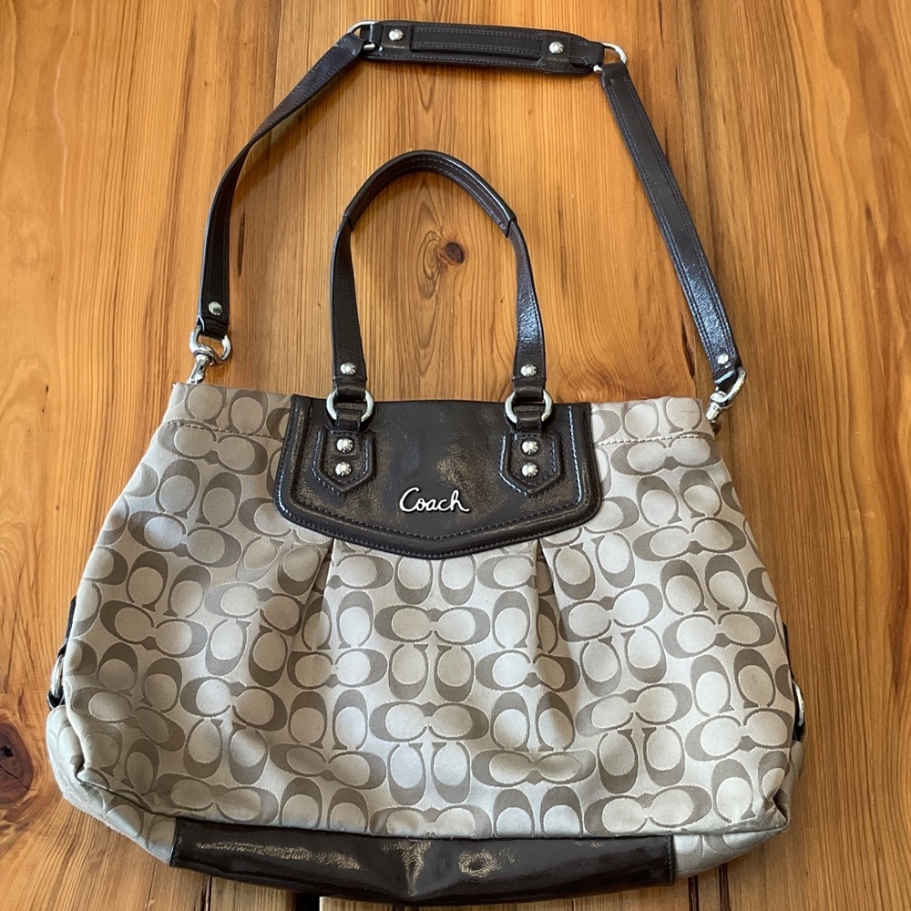 Coach Beige and Dark Brown Signature Shoulder Bag